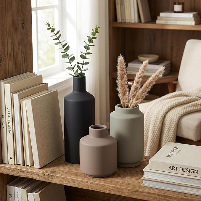 Ceramic Vase Set of 3, Modern Farmhouse Boho Table Centerpiece Vases, Small Flower Pottery for Coffee Bar Shelf Bookshelf Living Room Kitchen Decor, Rustic Home Decor Accents