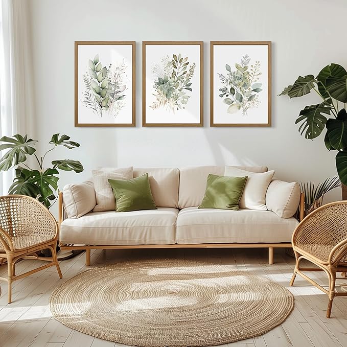 Joocrise Wooden Frame Watercolor Botanical Wall Art Boho Floral Canvas Wall Decor Prints Sage Green Wildflower Wall Art Modern Flower Pictures Botanical Painting for Bedroom Bathroom 12x16x3 Inch