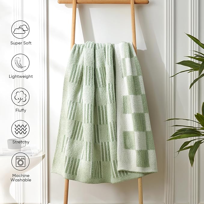 Snuggle Sac Faux Fur Checkered Blanket Twin Size,Super Soft Reversible Cozy Warm Blanket for Sofa Bedroom,Cute Lightweight Striped Throws for Women,Heather Sage Green,60x80 inches