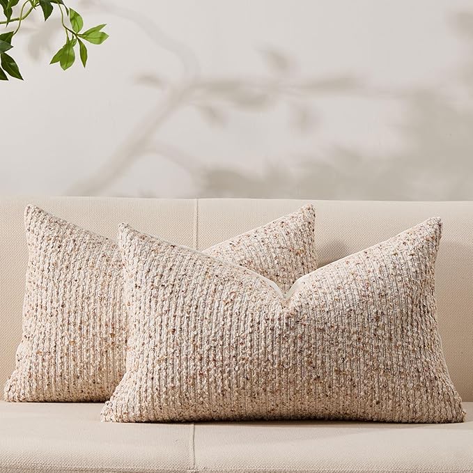Allorry Decorative Couch Throw Pillow Covers 12x20 Set of 2 Beige Striped Soft Wool Pillow Covers Neutral Textured Boho Cushion Covers for Modern Farmhouse Sofa Bedroom Living Room Decor SY012-A12