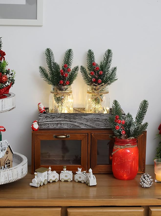 Winter Mason Jar Centerpiece for Table with LED Lights & Artificial Plants, Set of 3 Decorative Red Mason Jars for Christmas Home Decor, Kitchen Dining Table Centerpiece
