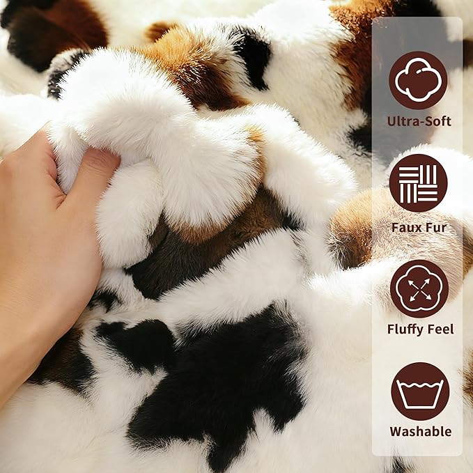 Cow Print Faux Fur Baby Blanket 40x50 – Fluffy Cow Bubbles Blanket, Ultra Soft Rabbit Faux Fur Throw for Kids & Travel, Black to White Ombre with Brown Accent, Cozy Decorative Cow Gift