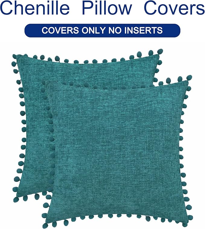 CaliTime Throw Pillow Covers Decorative 20 X 20 Inches Pack of 2 Cozy Solid Dyed Soft Chenille Cushion Cases with Pom Poms for Couch Sofa Bed Living Room Home Teal