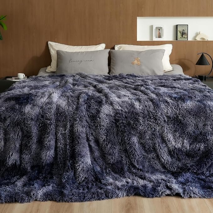 Pawque King Size Blanket - Faux Fur Sherpa Fleece Super Soft Fluffy Throw Blankets, Luxury Oversized Blankets Gift for Women Sofa Couch Bed, Breathable & Washable, Tie-Dye Blue 90x108 inches