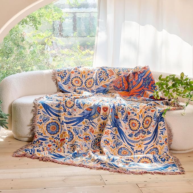 Boho Throw Blanket - 100% Cotton Ultra Soft Muslin Spring Blanket, 50"x60" Lightweight Floral Bird Framhouse Bedding Blanket for Bed, All Season Blue Bohemian Bedroom Home Decor Quilt