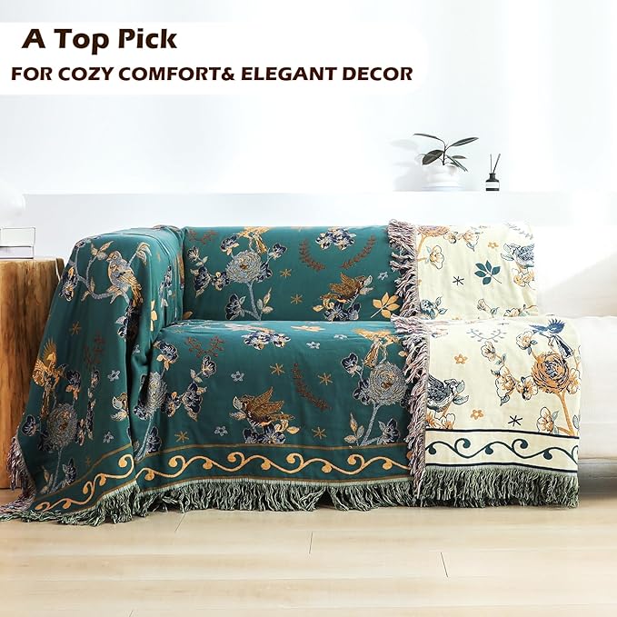 Boho 100% Organic Cotton Muslin Large Throw Blanket 60" x 80" - All Season Rustic Ultra Soft Breathable Floral Bird Blanket for Bed Sofa Couch Chair Bedspread Quilt Gift,-Teal/Green