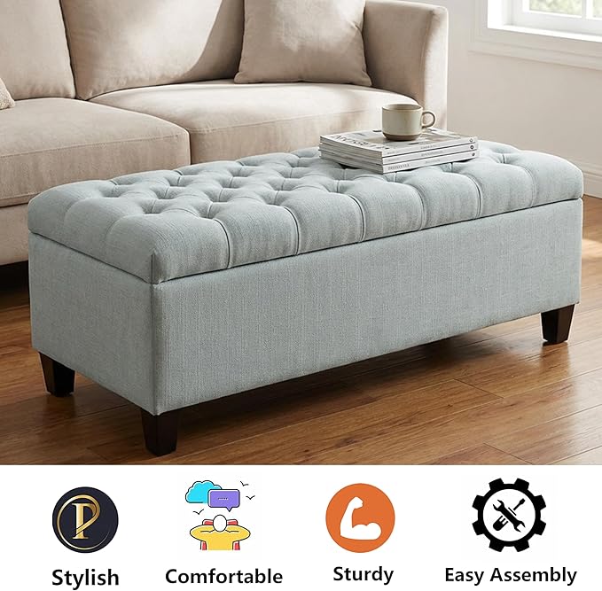 60.2" Storage Ottoman Bench for Bedroom Bed End,Polyester Upholstered Bench with Seating,Button Tufted Ottomans with Storage for Living Room,Bedside,Entryway (Baby Blue, 49.75")