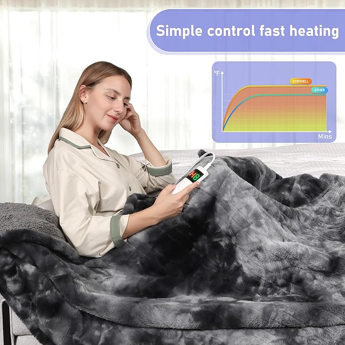 Electric Heated Blanket Queen 84''x90''Size Faux Fur Heating Blanket 10 Heating Settings, 1-8h Timer & Overheat Protection, Machine Washable, Soft Flannel and Sherpa Full Body Warmth