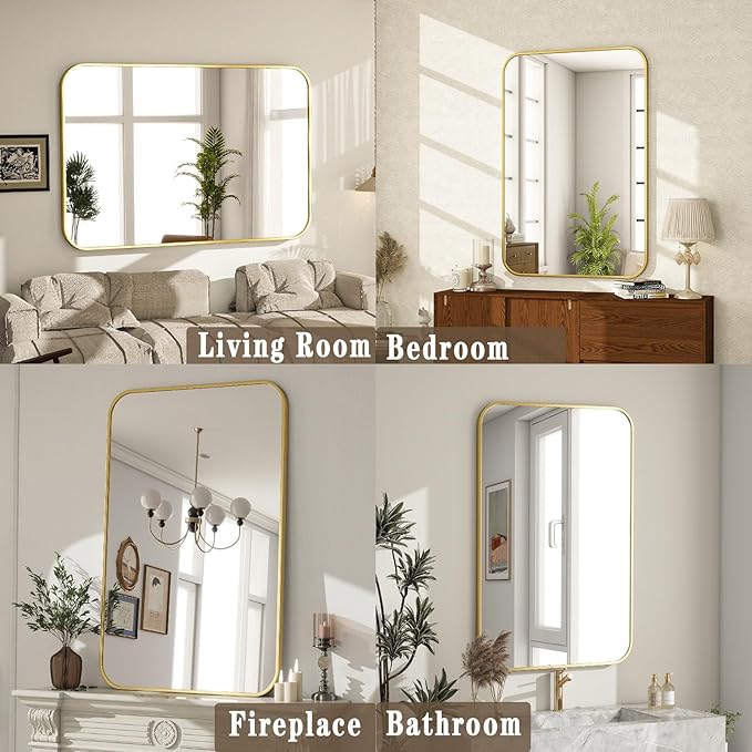 24x36 Inch Bathroom Mirror - Wall Mounted Vanity Mirror with Round Corner Aluminum Alloy Frame, Hanging Horizontally Vertically for Living Room, Bedroom, Hallway as Home Decor,Gold