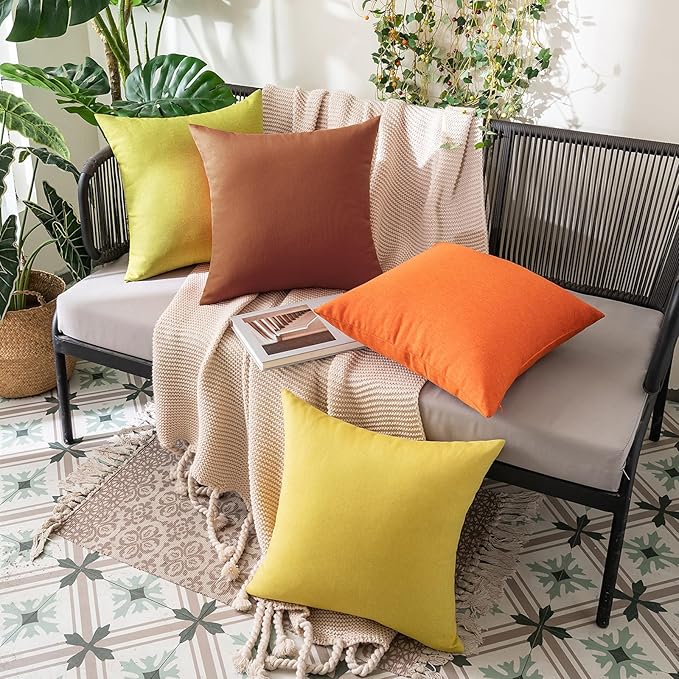 MIULEE Pack of 2 Decorative Outdoor Solid Waterproof Throw Pillow Covers Faux Linen Garden Farmhouse Cushion Cases for Summer Patio Tent Balcony Couch Sofa 18x18 Inch Bright Orange
