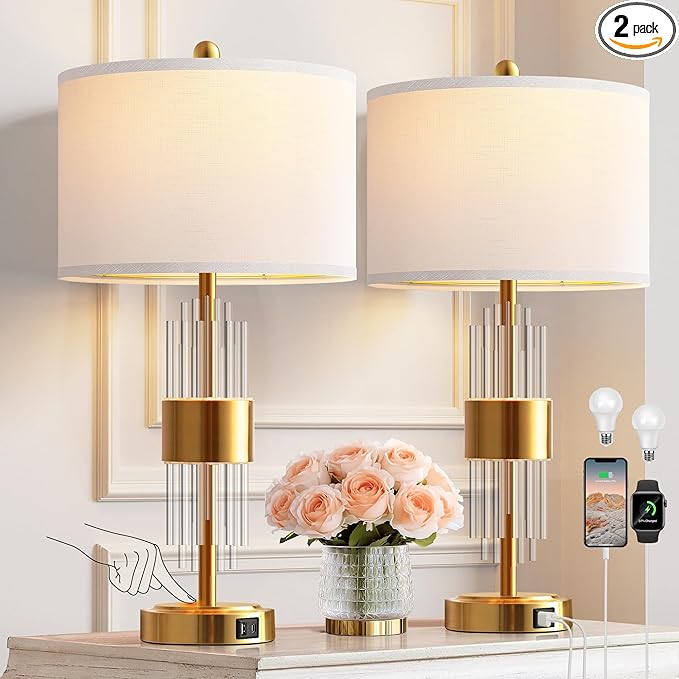 QiMH Table Lamp for Living Room with USB A+C Ports, Gold Bedside Lamps for Bedrooms Set of 2 with Touch Control, Modern Nightstand Lamp White Lamp Shade Home Office Decor (2700K LED Bulb Included)