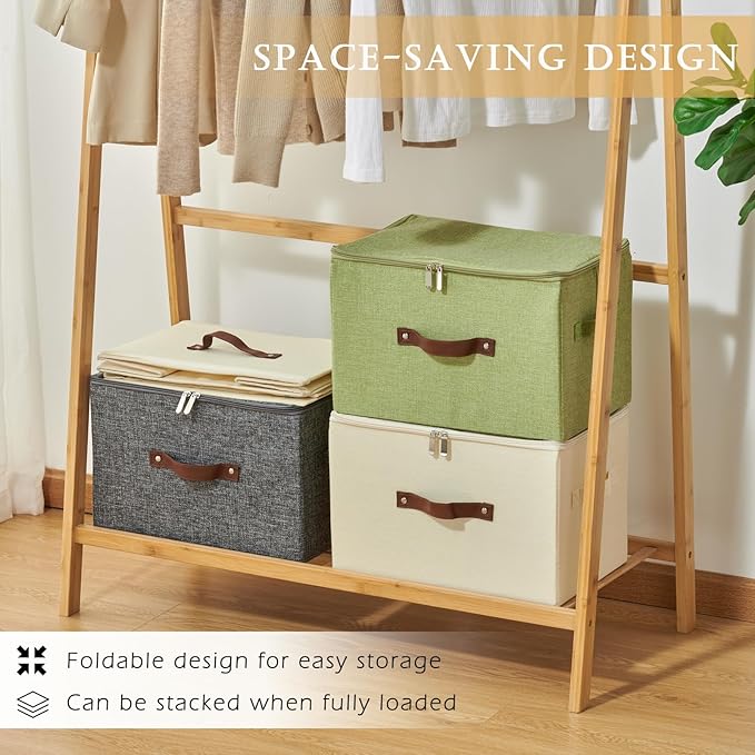2 Pack Storage Bins with Zipper Lid Cotton Linen Fabric Lidded Storage Baskets Boxes Foldable Washable Closet Shelf Clothes Organizer Container with PU Leather Handles (Black, Extra Large)