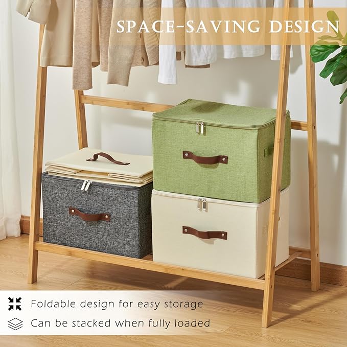 Storage Bins with Zipper Lid Cotton Linen Fabric Lidded Storage Baskets Boxes Foldable Washable Closet Shelf Clothes Organizer Container with PU Leather Handles (Pink, Large)