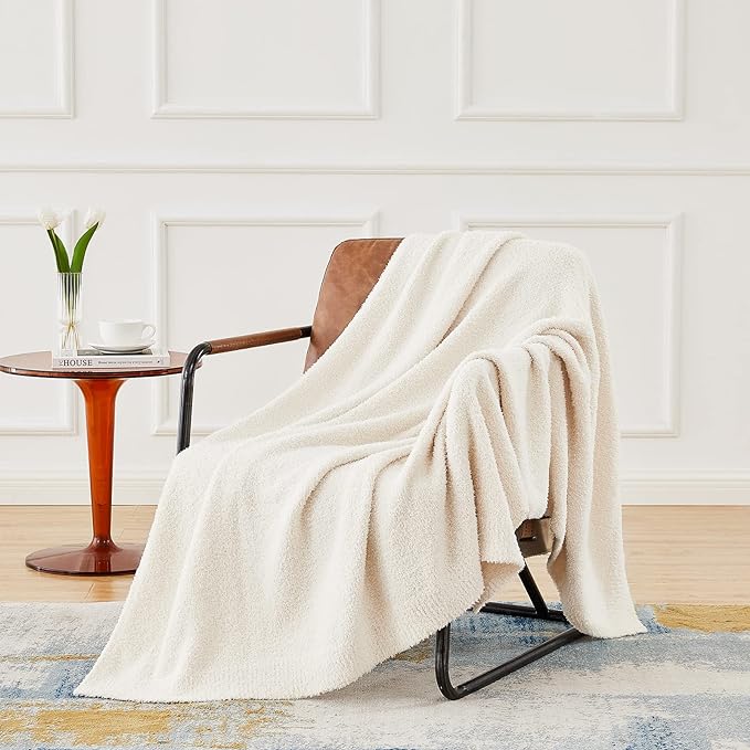 CYMULA Super Soft Knit Throw Blanket Twin Size Cream White-Lightweight Plush Fuzzy Fluffy Warm Cozy Blankets and Throws for Sofa Bed All Season Use