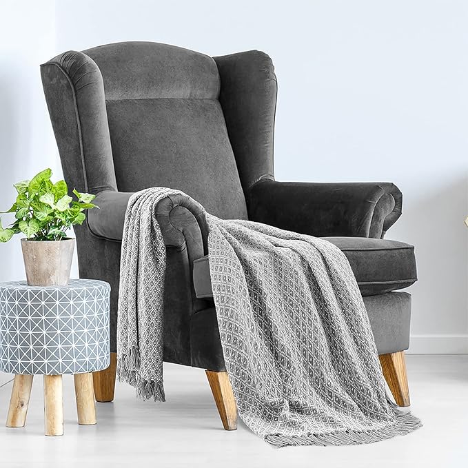 Americanflat 50x60 Throw Blanket - Soft and Breathable Cotton Throw Blanket for Couch, Bed, Chair - Decorative Blankets Perfect for Home, Office, or Outdoor Use - Grey and White Mini Diamond Design