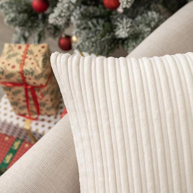 UGASA Corduroy Striped Soft Soild Decorative Square Throw Pillow Covers Set Cushion Cases Pillowcases for Sofa Bedroom, 2 Pcs, 24x24inch, Cream
