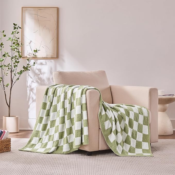 Checkered Throw Blanket, Sage Green Soft Cozy Fluffy Knitted Throw Blankets for Couch, Sofa, Bed, Chair, Warm Fuzzy Travel Picnic Lightweight Plaid Blanket, 50x70 inches