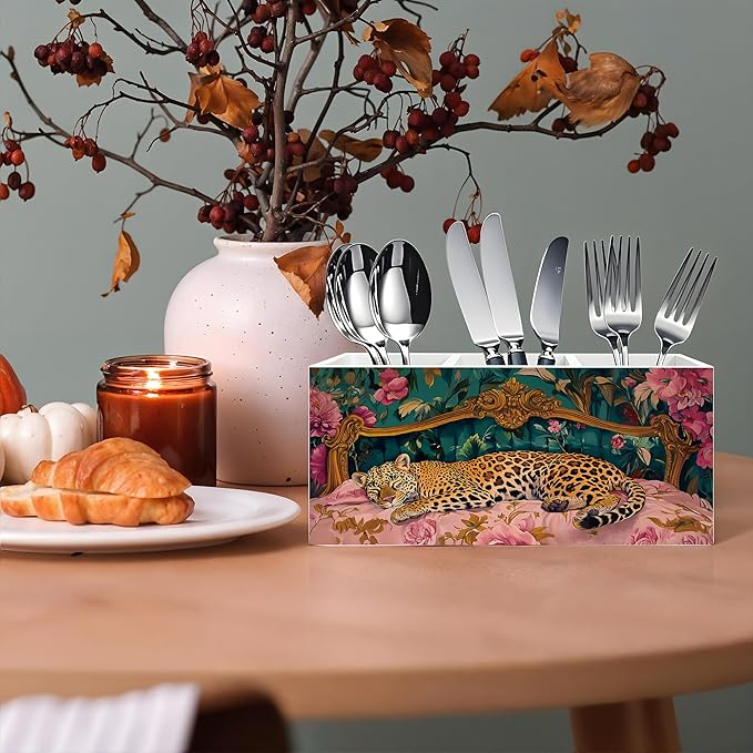 Trendy Retro Leopard Pen Pencil Holder, Leopard Print Gifts for Women, Eclectic Maximalist Sleeping Cheetah Pencil Pen Holder Organizer for Home Office Desk Accessories