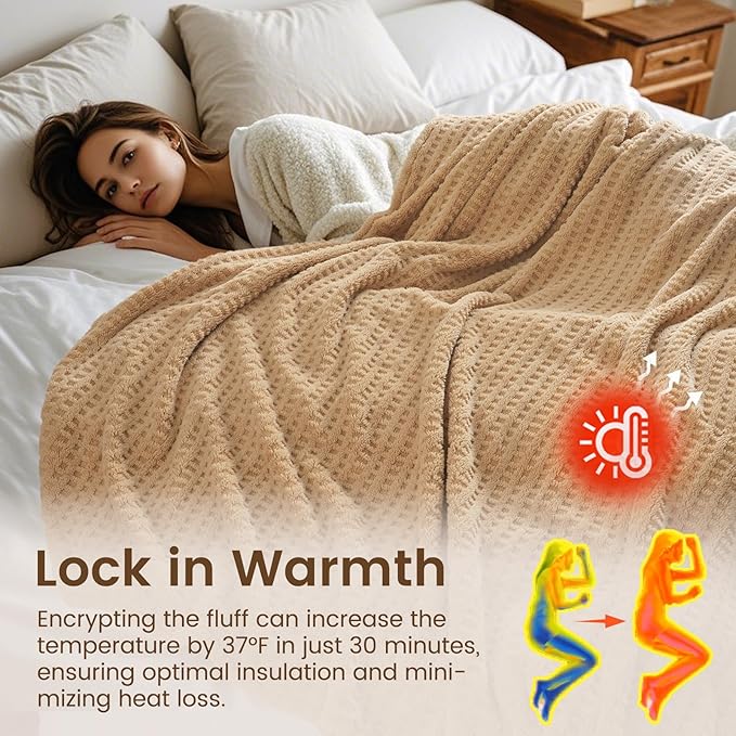 David's Home Ultra Soft Fleece Blanket Queen Size for Bed, Plush Shaggy Fluffy 3D Jacquard Waffle Throw for Couch, Warm Lightweight for Fall Winter,Fuzzy Aesthetic Room Decor,90x90 inches,Latte