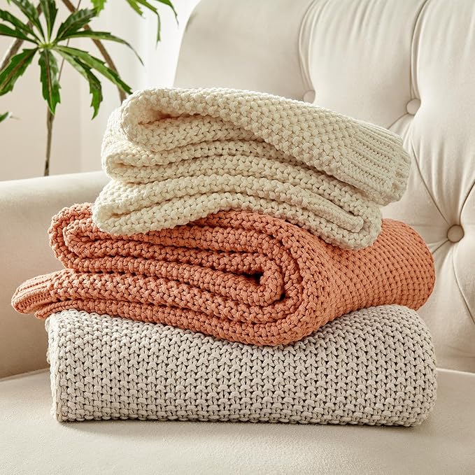 Joydeco Chunky Cable Knit Throw Blanket, Lightweight 100% Cotton Soft Cozy Throw Twin Blanket for Couch Bed and Sofa, Rustic Breathable Farmhouse Blanket Gift for Women Men(Cream White, 60"x80")