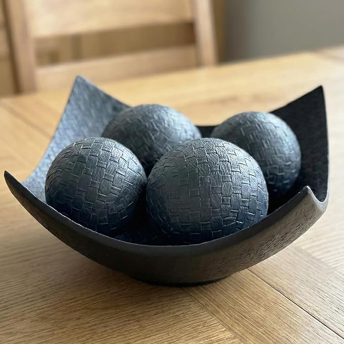 Seraphic 5pc Scoop Bowl Table Centerpieces for Dining Room, Large Decorative Bowls for Coffee Table Decor, Kitchen, Orbs/Balls Included, 14" diagonal. 11" wide and 5.75" tall, Charcoal Black