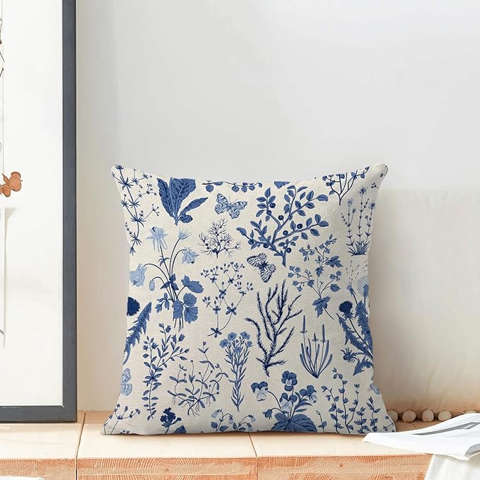 AEIOAE Summer Pillow Covers 22x22 Inch Set of 2,Navy Blue Wild Flower Plant Throw Pillows Case,Seasonal Floral Outdoor Decorative Square Linen Farmhouse Decor Cushion Covers for Home Couch Sofa Bed
