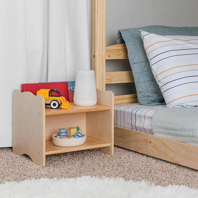Ocodile Kids Nightstand for Floor Beds, Solid Wood Small Bedside Table with Book Pocket, Low Tiny Nightstand for Nursery, Toddler & Kids Room, Montessori Style Side Table - Varnished