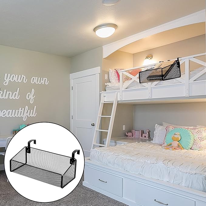 Zubebe 2 Pieces Bedside Shelf for Bed with 10 Pairs Hooks Bunk Bed Shelf for Top Bunk Bedside Caddy Hanging Storage Basket Black Metal Organizer for Book Phones Drinks College Dorm Home Office Desk