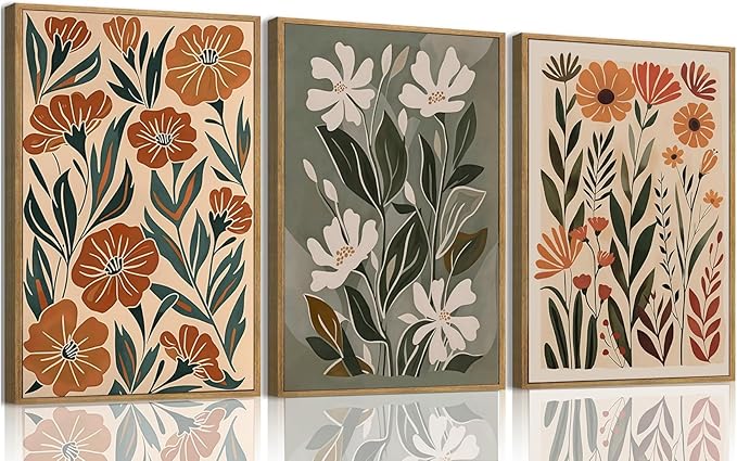 Wodkwq 3 Piece Flower Market Canvas Wall Art Framed,Boho Floral Wall Art,Abstract Botanical Wall Decor,Green Wildflower Modern Minimalist Paintings For Living Room Bedroom Bathroom 16x24in