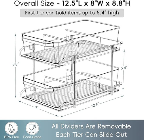 2 Set, 2 Tier Clear Organizer with Dividers for Cabinet, Shlef, Counter - MultiUse Slide-Out Storage Container - Kitchen, Pantry, Medicine Cupboard Bins, Bathroom, Vanity Makeup, Under Sink Organizing