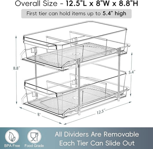 2 Tier Clear Organizer with Dividers for Cabinet, Shlef, Counter - MultiUse Slide-Out Storage Container - Kitchen, Pantry, Medicine Cupboard Bins, Bathroom, Vanity Makeup, Under Sink Organizing
