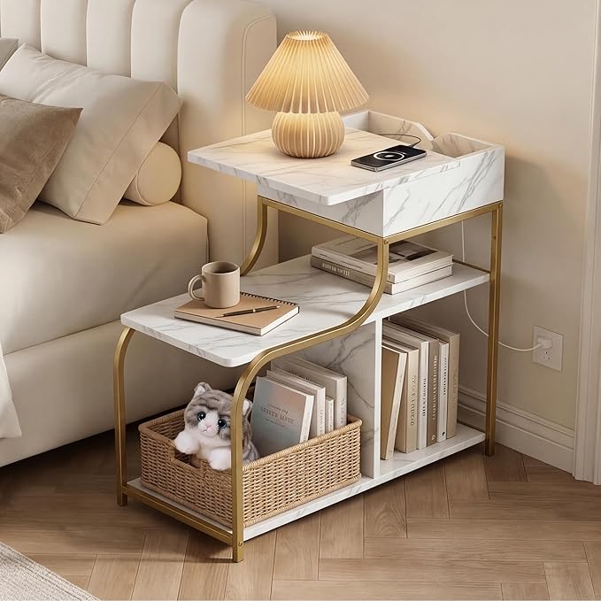 End Table with Charging Station, 3-Tier Sofa Side Table Sliding Top for Living Room, Bedside Table with Storage, Modern Curved Frame Accent Sofa Nightstand for Small Spaces Apartment, Gold & White