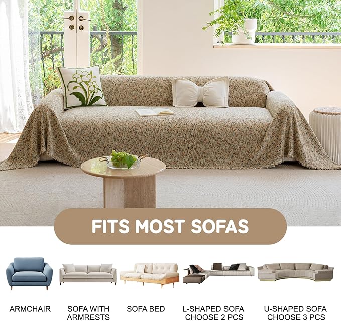 HANDONTIME Thick Chenille Couch Cover for Pets Washable Sofa Covers Blanket Boho Sectional Sofa Cover for 3 Cushion Couch Colorful Polka Dots Furniture Protector Pet Friendly, Khaki, 71" X 134"