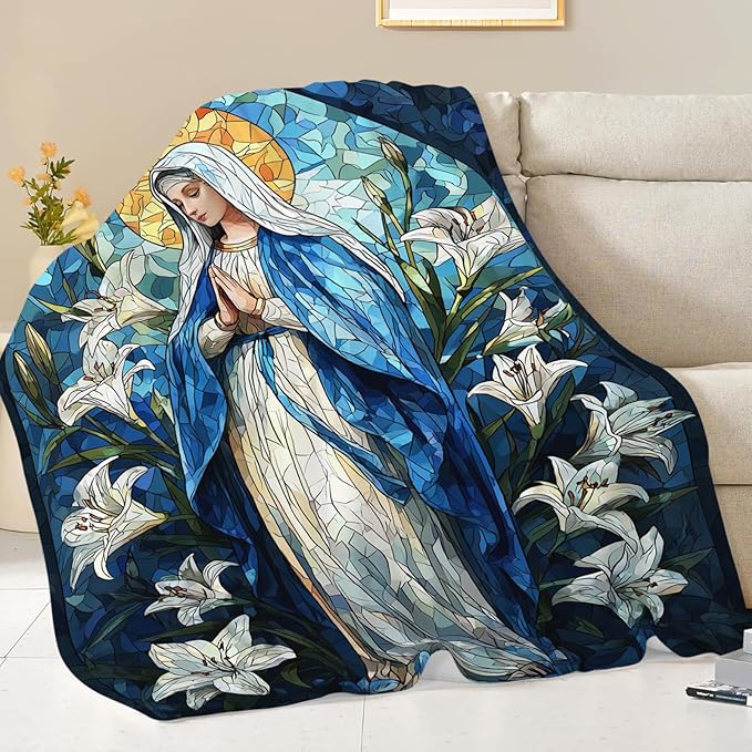 Virgin Mary Blanket for Girls Women Men Adults Soft Cozy Fleece Christian Mother of God Throw Blankets Healing Catholic Gifts Warm Flannel Plush Lightweight Decor for Couch Bed Sofa 80"X60"