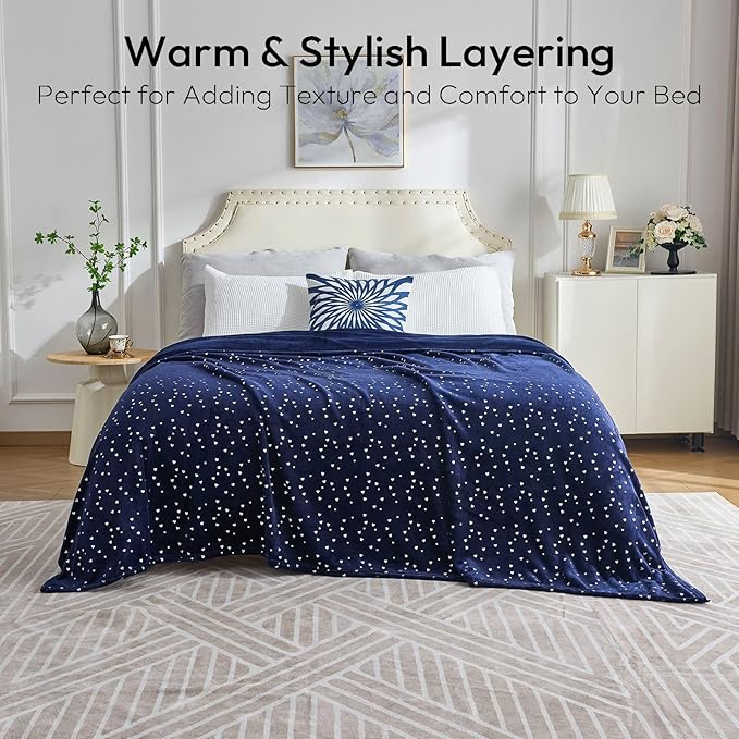 NANPIPER Fleece Blanket Heart Foil Print, Queen Size Soft Thick Microfiber, All Season Warm Lightweight Throw for Couch/Bed, 90"x90" Navy Blue