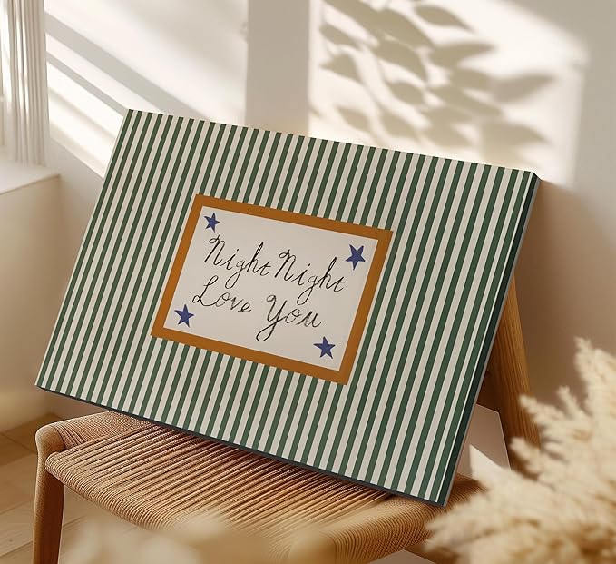 Goodnight Love You Canvas Wall Art Vintage Green Striped Above Bed Wall Decor Picture Mid Century Modern Minimalist Poster Painting Print Artwork for Baby Bedroom Dorm Room Decor, Framed