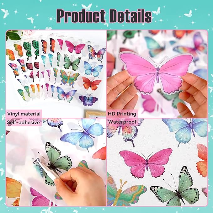 Butterfly Wall Stickers - 8 Sheets 62 Pcs Butterfly Watercolor Wall Decals Peel and Stick Wall Decals for Girls Kids Bedroom Room Nursery Room Décor