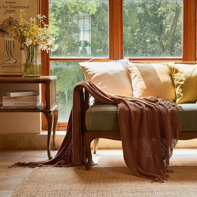 lifein Throw Blanket for Couch, Soft Boho Decor Bed Throw,Cozy Brown Knitted Chenille Small Knit Farmhouse Lightweight Throw (Golden Brown,50 * 60")