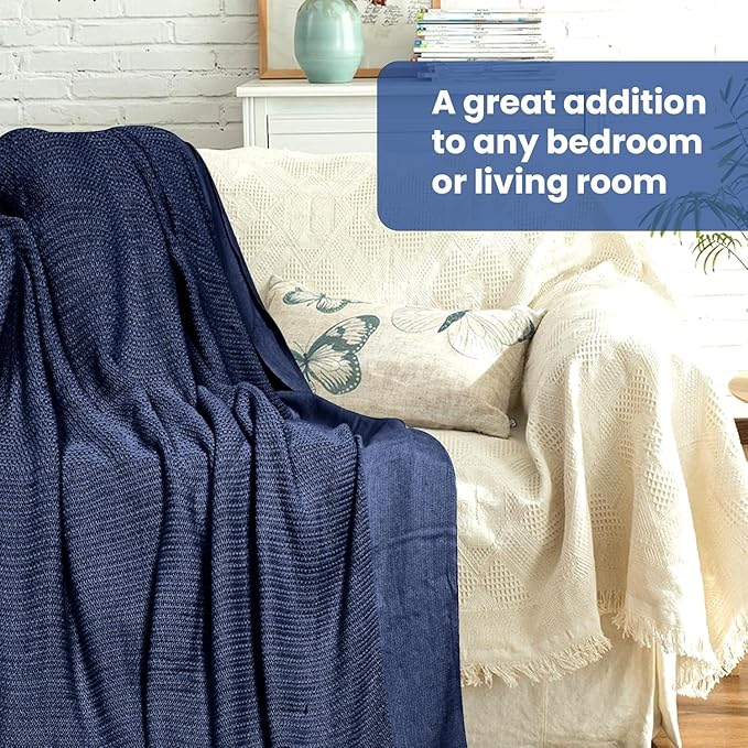 Linteum Textile Supply Leno Weave Navy Blue Blanket, Twin 100% Cotton, Lightweight, Warm, Fluffy, Premium and Durable Soft & Cozy Bed Blanket for Home, Couch, Sofa & Dorm, All Season Throw [66x90]