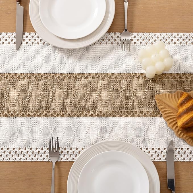 Socomi Boho Table Runner Easter Spring Farmhouse Rustic Dining Kitchen Centerpiece Decor Small Macrame Woven Cotton Linen Coffee Table Runner for Dresser Scarf Home Decor 12x48 inch