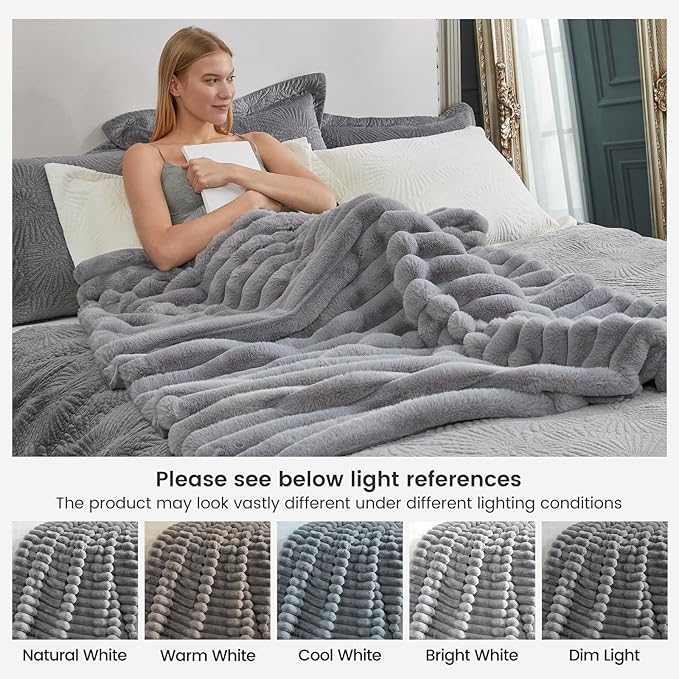 Cozy Bliss Faux Fur Throw Blanket for Couch, Cozy Warm Plush Striped Blanket for Sofa Bedroom Living Room, 108 * 90 Inches Gray