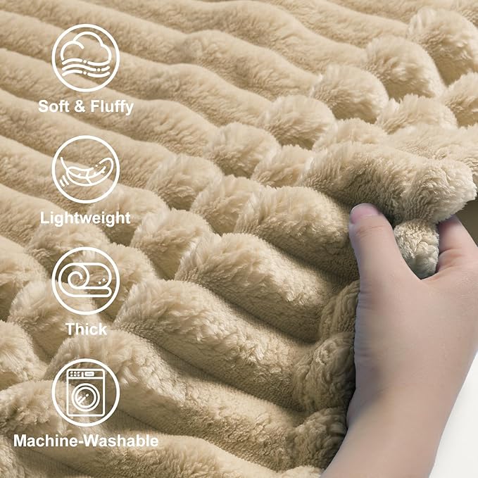 decorUhome Soft Fleece Light Brown Blanket Queen Size for Bed, Cozy Fluffy Plush Flannel Large Striped Throws for Couch Sofa, Lightweight Decorative Fuzzy Blanket for Woman, 90x90 Inches