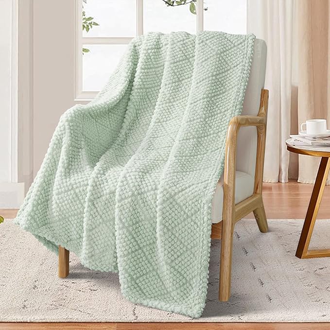 Whale Flotilla Fuzzy Fleece Throw Blanket for Couch, Bed, Soft Fluffy Jacquard Waffle Blankets for All Season, Lightweight and Warm, 50x60 Inch, Sage Green