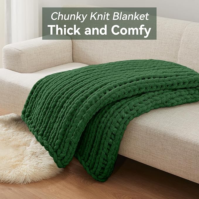 Chunky Knit Throw Blanket, 80''*90'' Knitted Throw Chenille Yarn for Bed Couch, Handmade Grass Green Crochet Big Thick Blanket, Machine Washable Cute Comfy Blanket for Home Decor