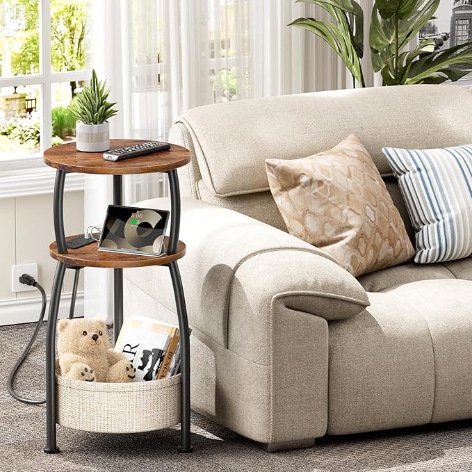 Side Table with Charging Station, Small Round End Table with Basket, USB Port and Outlet, 3 Tiers Sofa Couch Table Bedside Table for Living Room Bedroom, Small Spaces, 11.81in Rustic Brown