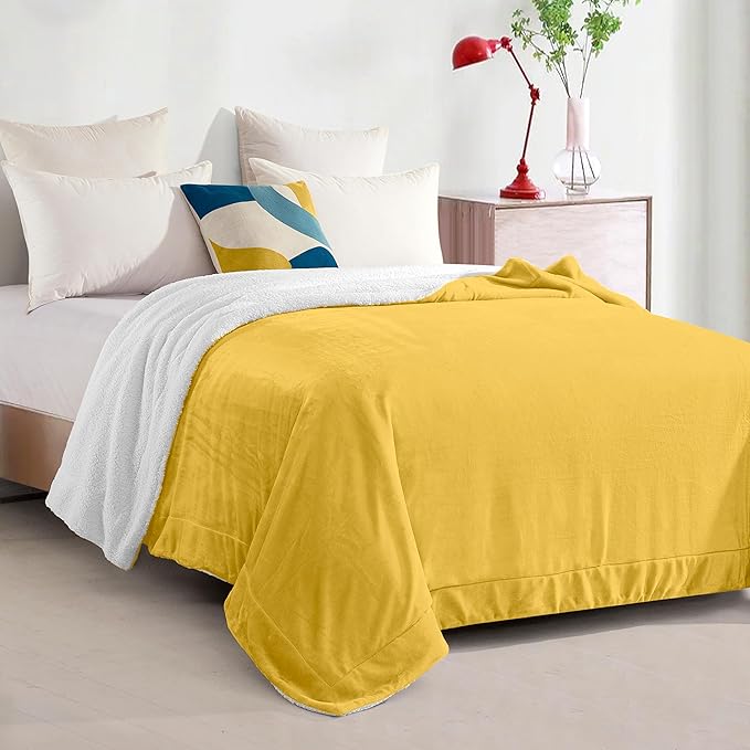 Elegant Comfort Ultra Soft Reversible Flannel Sherpa Blanket - Cozy Silky Fleece Throw for Couch, Bed - Plush Fuzzy Warm Winter Blanket for Gift, King, Yellow