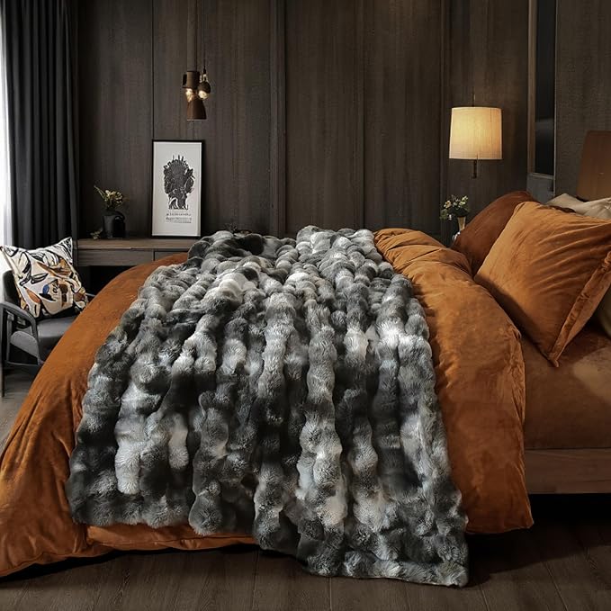 PHF Luxury Faux Rabbit Fur Throw Blanket, Ultra Soft Fluffy Plush Cozy Warm Bubble Blanket for Bed, Couch, Sofa Decorative, Thick Reversible Suitable for Fall & Winter, 50" x 60", Tie Dye Charcoal