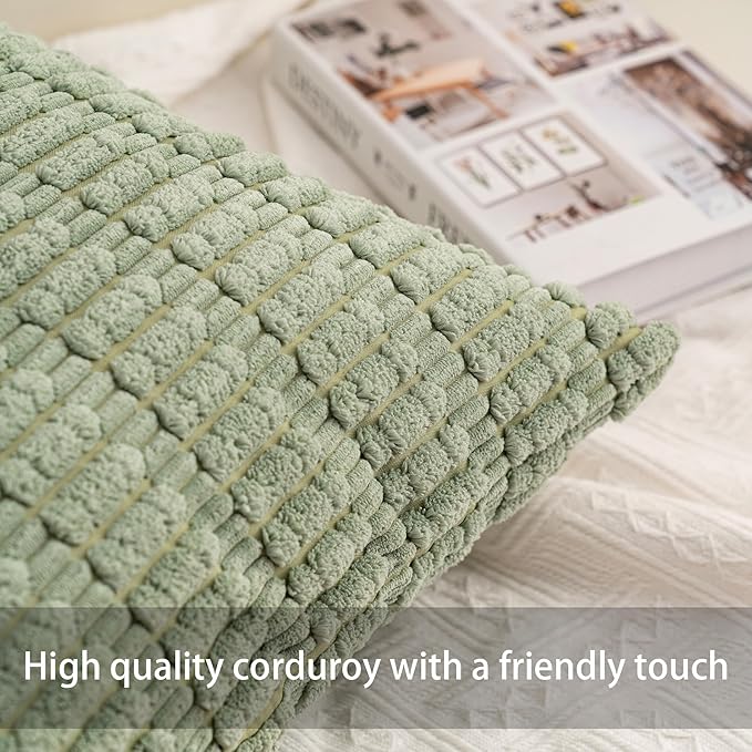 Aegero Pack of 2 Corduroy Decorative Throw Pillow Covers 12x20 InchSoft Boho Striped Pillow Covers Modern Farmhouse Home Decor for Sofa Living Room Couch Bed（Sage Green）