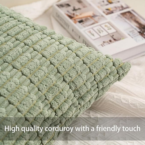 Aegero Pack of 2 Christmas Green Corduroy Decorative Throw Pillow Covers 24x24 Inch Soft Striped Pillow Covers Modern Farmhouse Home Decor for Sofa Living Room Couch Bed（Blackish Green）