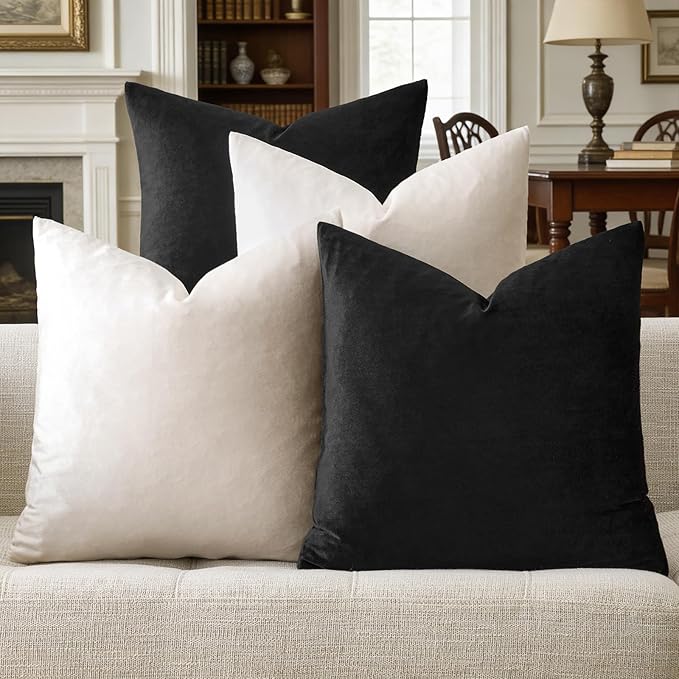 GIGIZAZA Decorative Velvet Pillow Covers - 18x18 Throw Pillows Soft Black Beige Covers Accent for Couch Living Room Bed Square Modern Luxury Cushion Covers Home Decor Set of 4